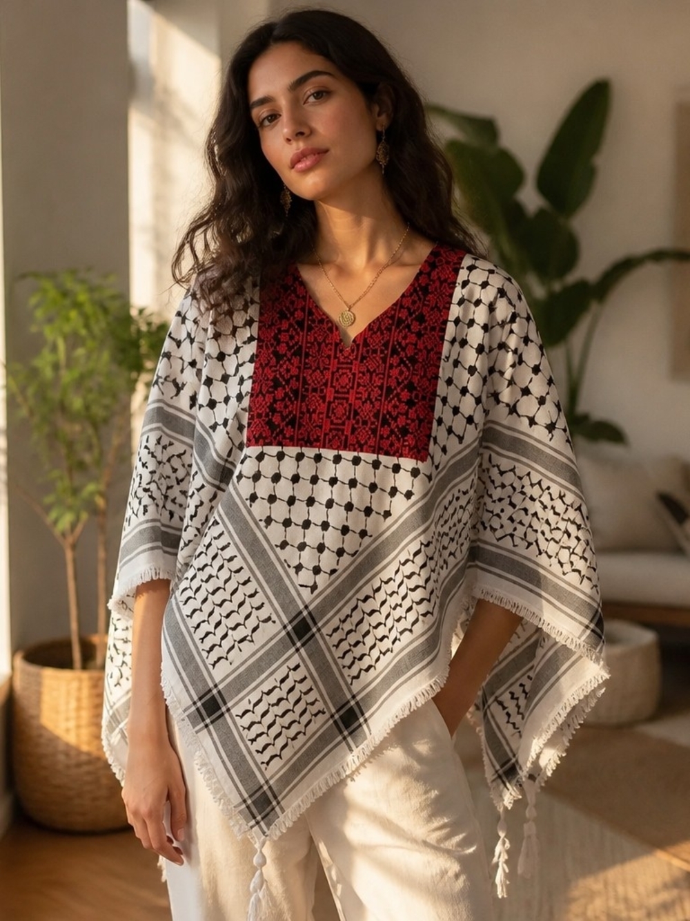 Women's Embroidered Red & Black Poncho Sweater